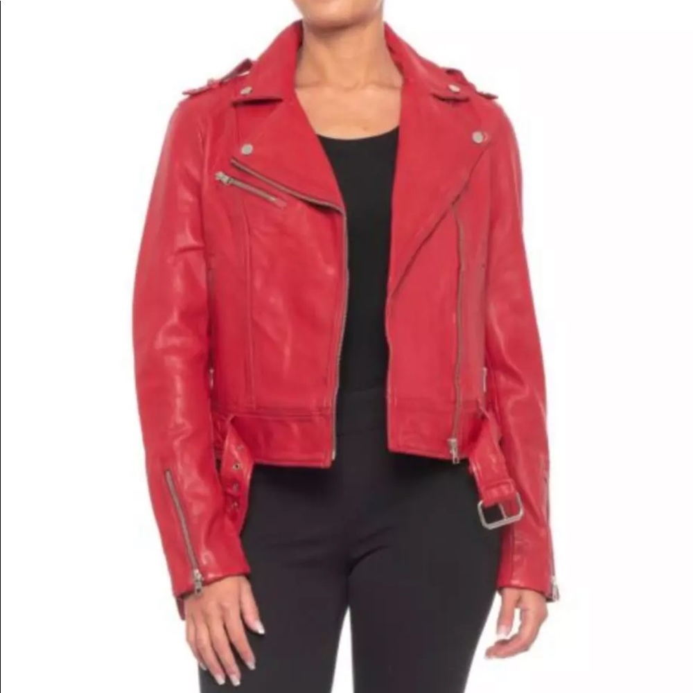New Soia&kyo Washed Leather Moto Jacket True Red
